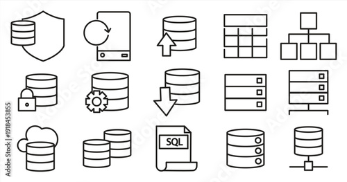 Database line icon set. Contains server, database, cloud, hosting, data and more, editable lines, with flat style, Suitable for website design, logo, app, template, UI, Vector illustration.