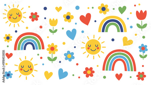 Cheerful sun rainbow and flower doodle pattern.