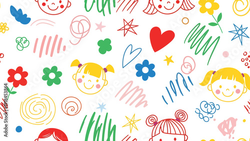 Colorful childlike doodle pattern featuring flowers and hearts.