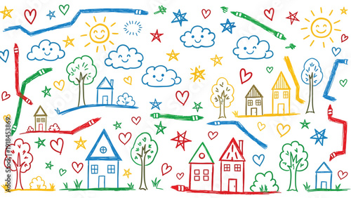 Colorful doodle cityscape with houses and sun.