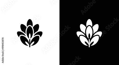 Floral Leaf Ornament Icon Set in Black and White, Minimal Botanical Emblem on Square Background