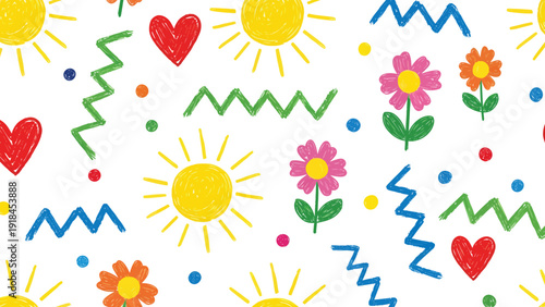 Colorful doodle pattern featuring suns flowers and hearts.