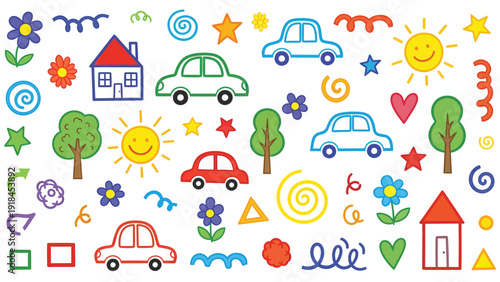 Colorful doodle icons pattern with cars houses trees and sun.