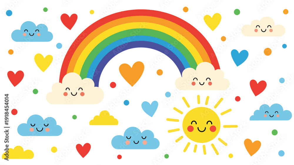Naklejka premium Colorful rainbow with smiling sun and clouds illustration.
