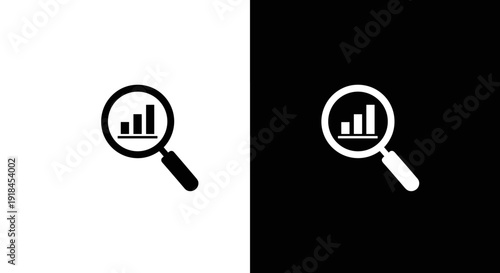 Analytics Search Icon Set in Black and White, Minimal Data Chart Magnifier Symbol on Square Background