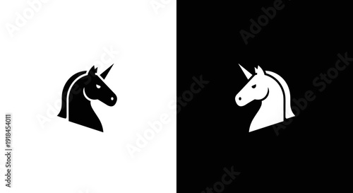 Unicorn Head Icon Set in Black and White, Minimal Fantasy Horse Symbol on Square Background