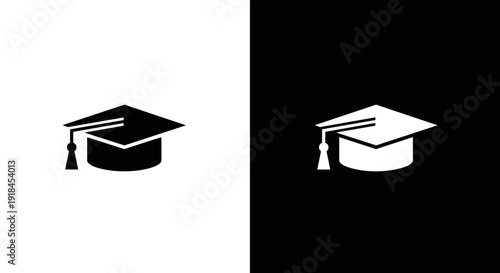 Graduation Cap Icon Set in Black and White, Minimal Education Academic Hat Symbol on Square Background