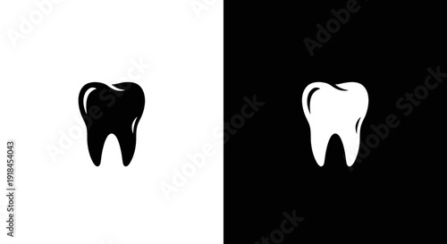 Tooth Icon Set in Black and White, Minimal Dental Care Dentistry Symbol on Square Background