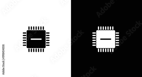 Microchip Processor Icon Set in Black and White, Minimal CPU Technology Symbol on Square Background