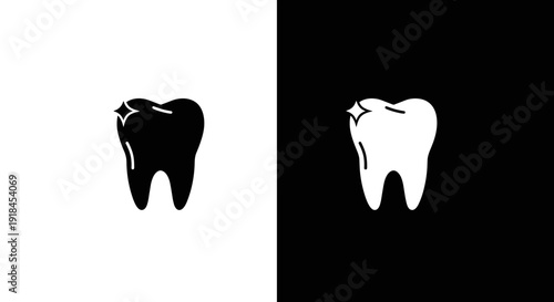 Tooth Icon Set in Black and White, Minimal Dentistry Dental Care Symbol on Square Background