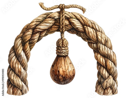Watercolor illustration of a noose hanging from a curved rope arch