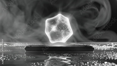 Mysterious floating glowing object emits light above smartphone against smoky background, abstract conceptual scene