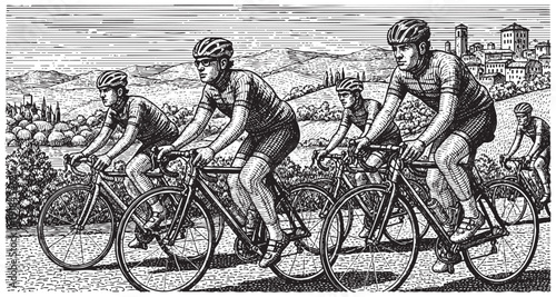 Man Riding Bicycle Black and White Outline Line Art Drawing Style Vintage Engraving Illustration