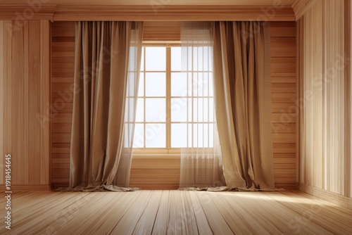 Interior view of a room with wooden walls and a large window draped with curtains.