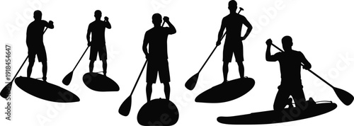 Silhouette of men on stand up paddle boards, group of paddleboarders practicing water sports and summer recreation on ocean