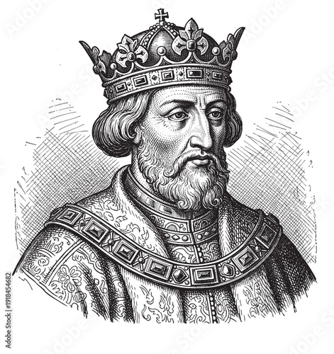 Vintage engraving style illustration of a royal figure with crown and scepter