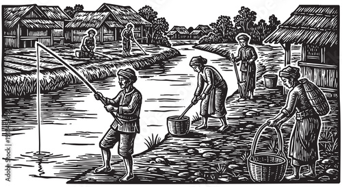 Rural cultural village life engraving, people working in traditional setting