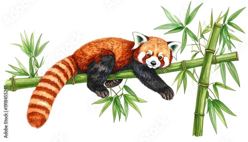 Watercolor illustration of a red panda relaxing on bamboo branches, vibrant colors, white bg