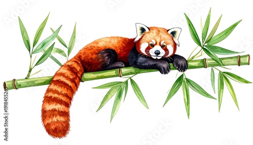 Watercolor illustration of a red panda resting on a bamboo branch with green leaves