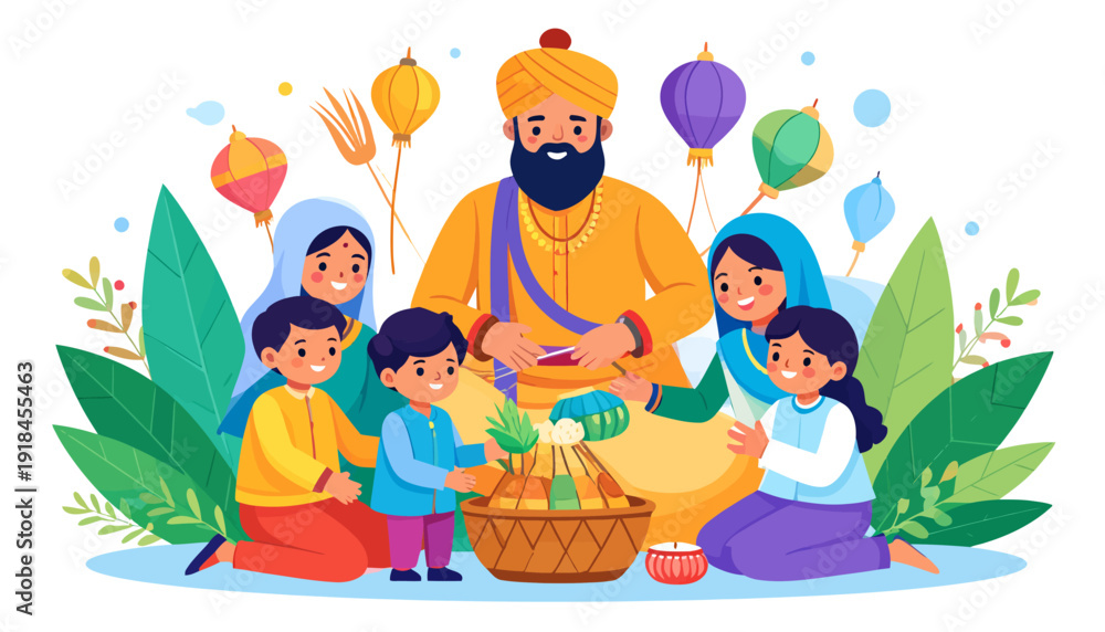 Naklejka premium Family Celebrating Baisakhi with Traditional Attire and Kites.