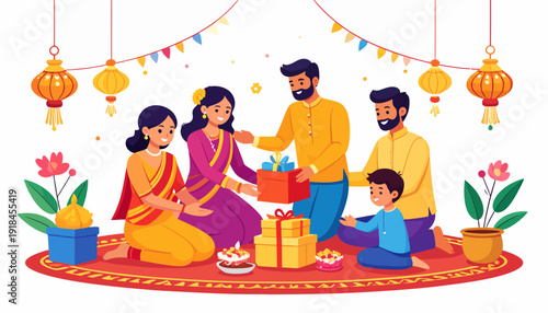 Indian family celebrating Diwali together with gifts and decorations.