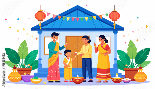 Indian family celebrating Diwali together at home with traditional decorations.