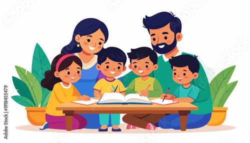 Family gathered around table reading together happily.