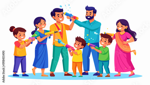 Happy family celebrating Holi festival with colored powders and water guns.