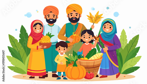 Illustration of a Sikh family celebrating Baisakhi with traditional harvest fruits and vegetables.