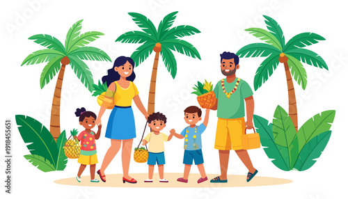 Happy family enjoying a tropical vacation together under palm trees.