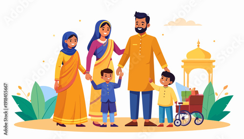 Indian family with children walking together outdoors.