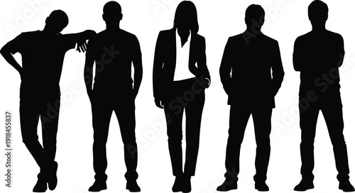Silhouette of professional business team standing together, diverse corporate group, office workers collective, successful partnership and teamwork concept, vector