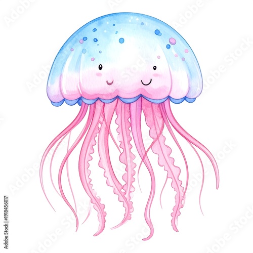 Watercolor illustration of a smiling jellyfish with a blue and pink ombre design