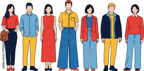 Flat vector illustration of diverse people standing together wearing colorful modern casual outfits, stylish streetwear fashion for creative projects