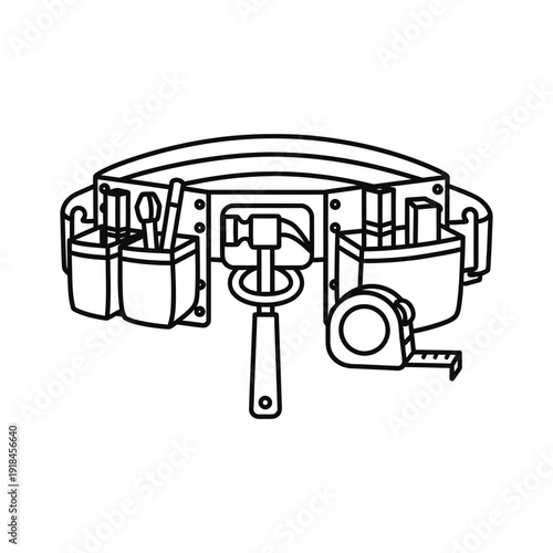 Outline drawing of a construction tool belt with a hammer and measuring tape is isolated on a white background.