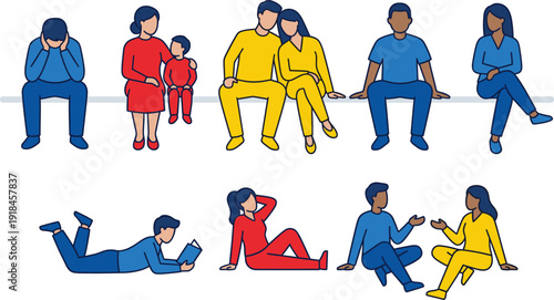 Set of diverse people in various sitting and lying poses, illustrating mental health, family, relationships, and daily human lifestyle