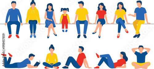 Flat vector set of diverse people sitting and relaxing in various poses, including families, adults, and children for designs