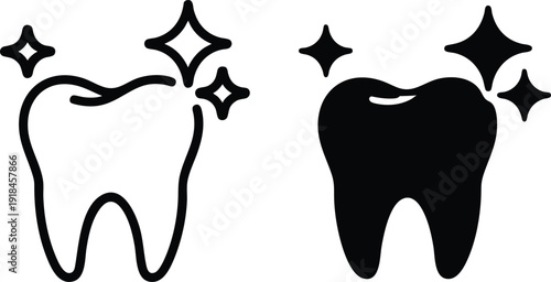 Monochrome Graphic Set: Healthy Molar and Dental Hygiene, Minimalist Vector Illustration of a Clean Tooth with Stars, vector, illustration, silhouette.