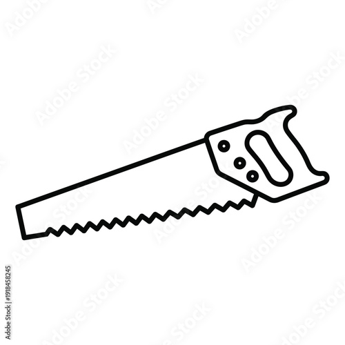 A hand saw tool is drawn in a minimalist outline style showing the serrated blade and handle grip for cutting wood.