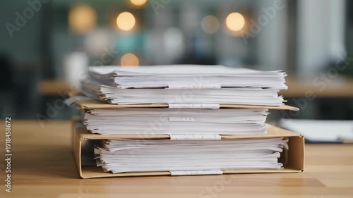 A close-up shot of a tall stack of papers and documents in manila folders on a wooden desk. The background is blurred with soft bokeh lights, suggesting an office environment.