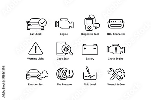 Car maintenance icons: diagnostic tools, engine, battery, warning lights