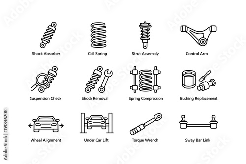 Automotive repair tools and maintenance icons for car suspension systems