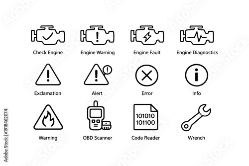 Automotive warning icons and diagnostic tools representing engine fault and repair