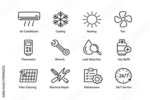 Hvac system icons: air conditioner, cooling, heating, fan, thermostat