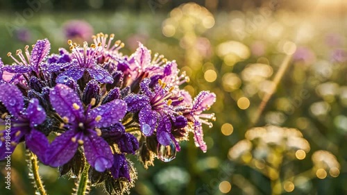 Morning dew glistens on vibrant purple wildflowers in a peaceful meadow with soft sunlight