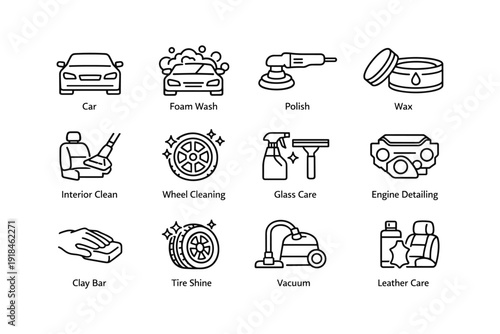 Car detailing icons: foam wash, polish, wax, and more