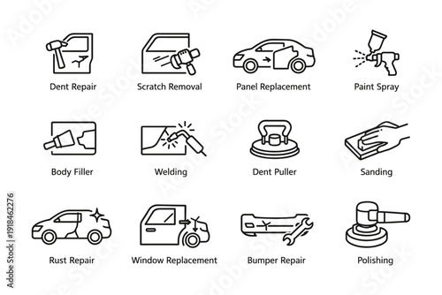 Auto body repair icons: dent repair, paint spray, welding, sanding, polishing