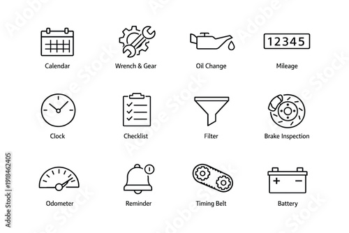 Vehicle maintenance icons: wrench, gear, oil, mileage, battery
