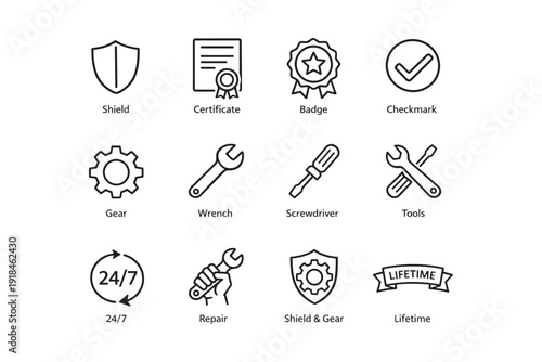 Icons set: shield, certificate, badge, checkmark, tools, repair, lifetime warranty, gear