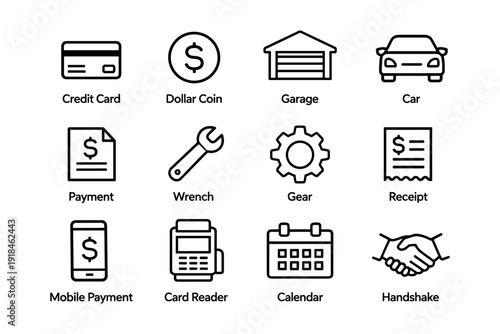 Finance and maintenance icons: credit card, dollar coin, garage, car, payment, wrench, gear, receipt, mobile payment, card reader, calendar, handshake